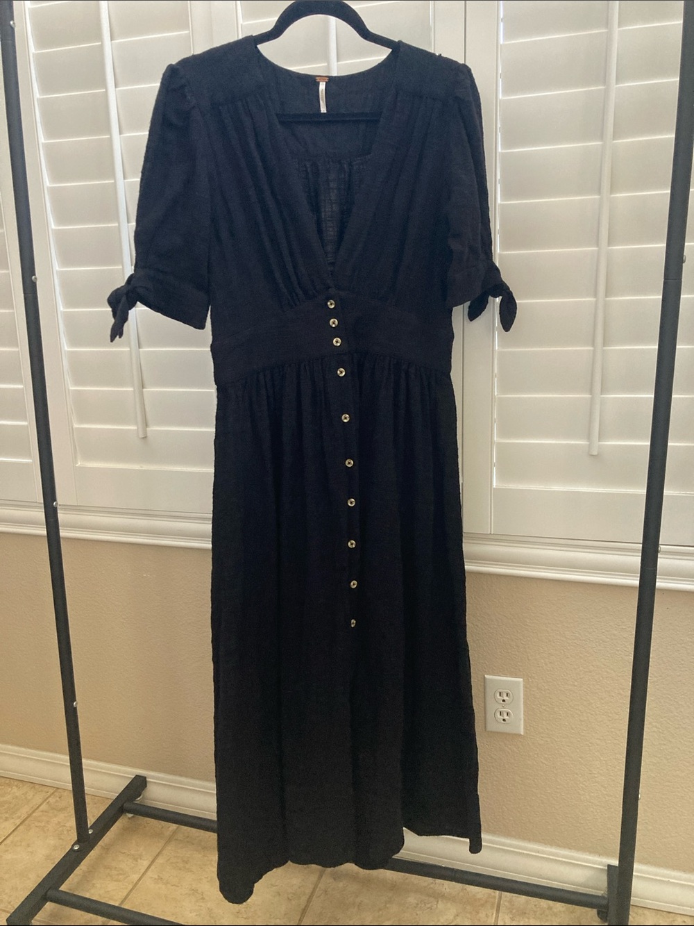 Free People Black Button-Front Maxi Dress with Tie Sleeves